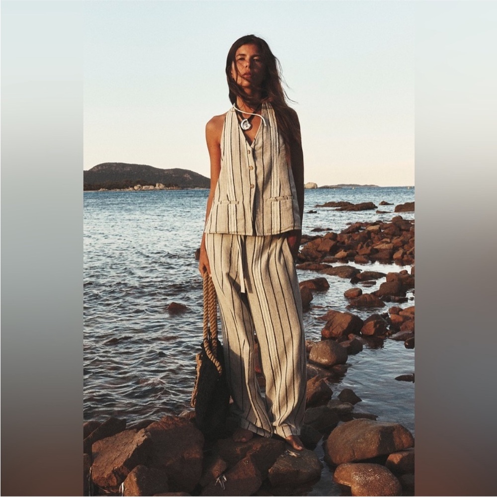 Free People Take Me To Paris Stripe Halter Vest & Pants Set